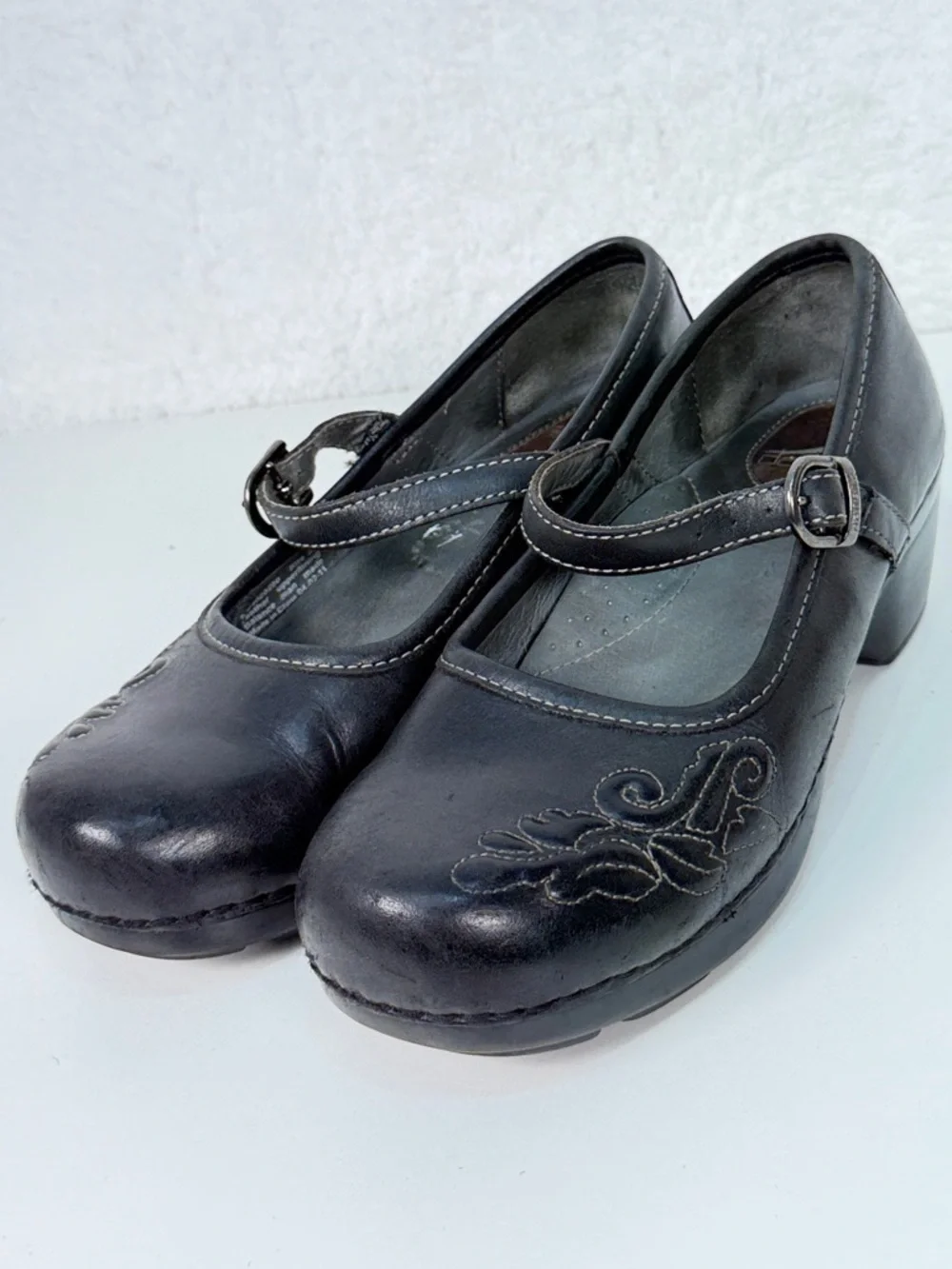 Dansko Black Leather Mary Jane Clogs Floral Comfort Shoes EU 39 size 8.5 - 9